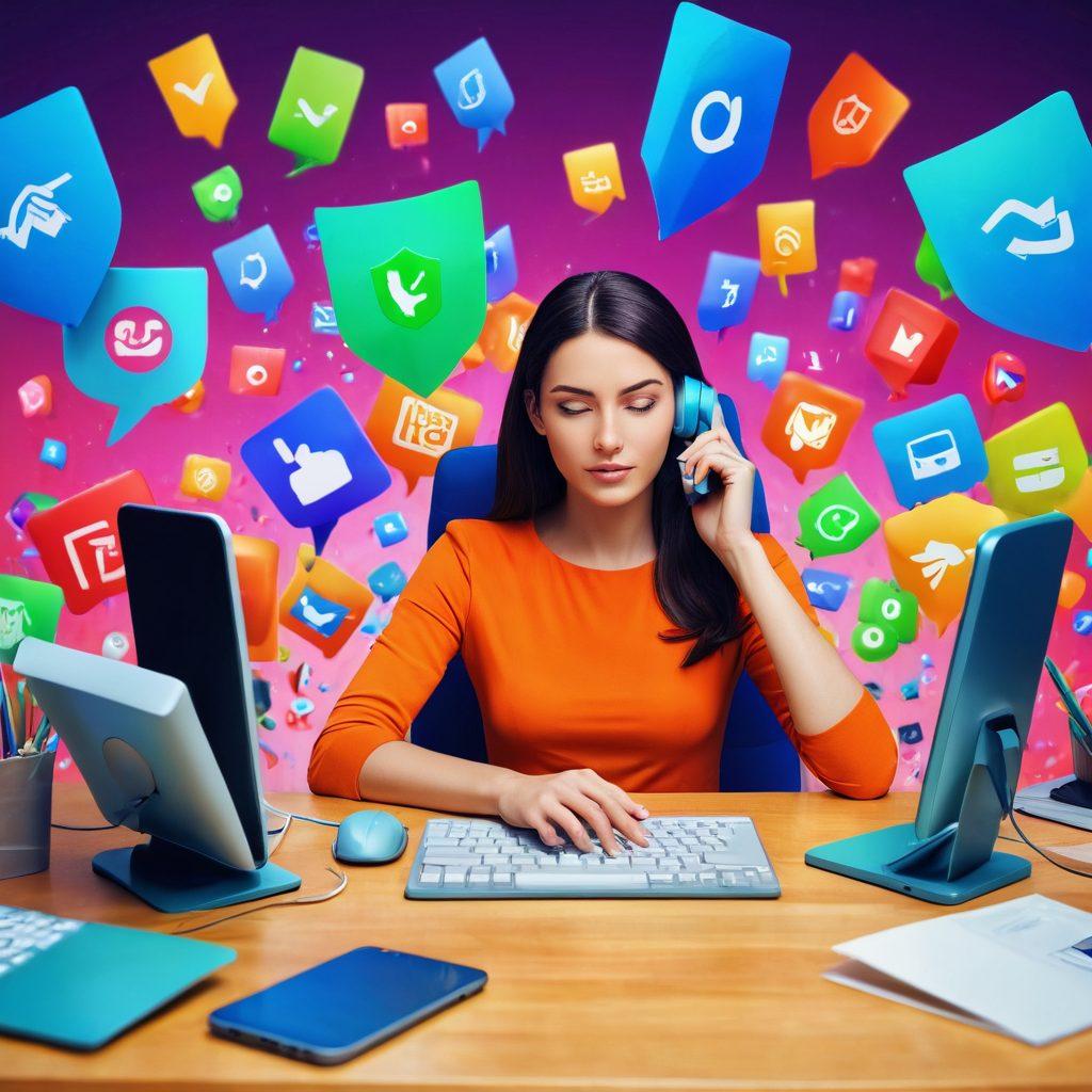 A serene person sitting at a desk surrounded by colorful phone icons, some ringing loudly while others are silenced. A shield representing privacy and protection is visible, symbolizing defense against unwanted calls. The background has a calming landscape, evoking a sense of peace and control. Incorporate vibrant colors to highlight contrast between chaos and tranquility. digital illustration. vibrant colors. 3D.