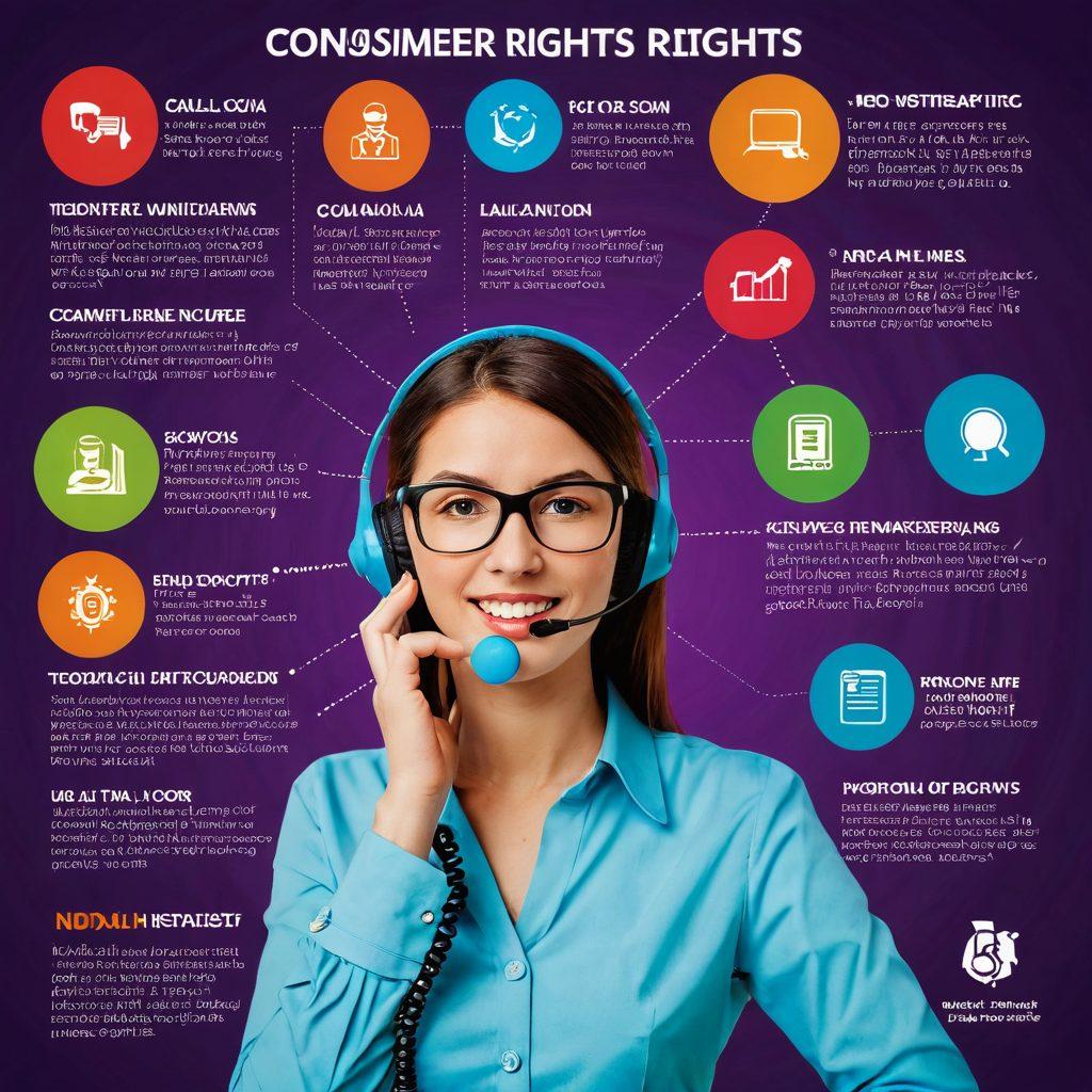 A visually engaging infographic illustrating consumer rights in telemarketing, featuring a frustrated person receiving a call with a 'no calls' sign in the background. Include elements like telemarketing phones, regulatory symbols, and vibrant color coding for easy understanding. Add bullet points of key regulations in a clear, readable font. The style is modern and clean, emphasizing clarity and information flow.