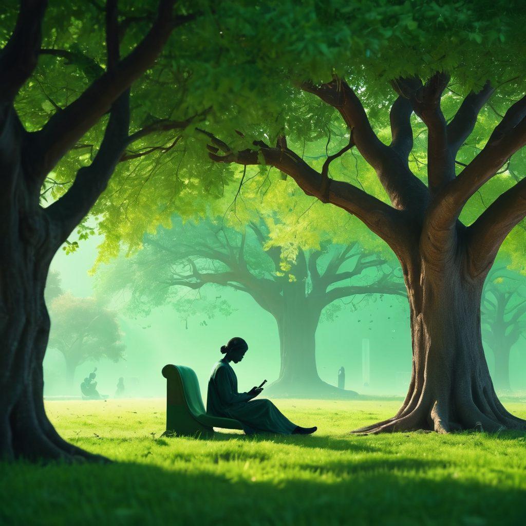 A serene scene showcasing a person happily using a smartphone under a lush green tree, symbolizing privacy and protection. In the background, subtle silhouettes of various unwanted calls represented as ghostly figures fading away. The atmosphere conveys peace, security, and empowerment, highlighting the importance of the Do Not Call Registry. vibrant colors. 3D. minimalistic.